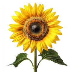Fototapeta premium Bright and Vibrant Sunflower Isolated on White Background with Detailed Petals and Green Leaves