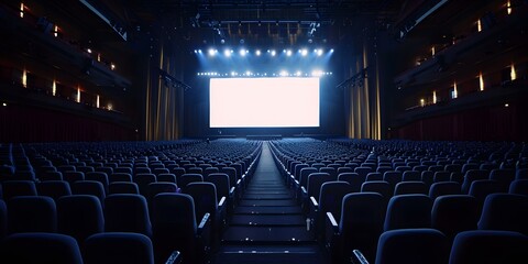 Naklejka premium Empty Auditorium with Big Screen and Blue Seats