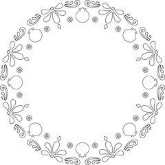 Black linear bloomy pomegranates in round ornament frame. Decorative blossoming frame border. Copy space isolated frame