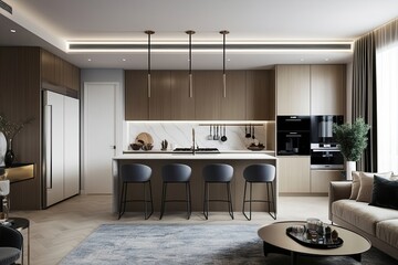 Stunning Modern Apartment Interior Featuring Elegant Kitchen Design and Advanced 3D Visualization