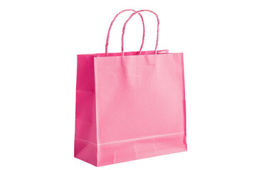 A pink paper shopping bag with sturdy twisted handles, isolated on a white background. The bag's simple design and vibrant color make it ideal for retail and gift-giving purposes. PNG File,