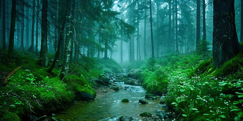 Obraz premium Foggy forest in cloudy weather