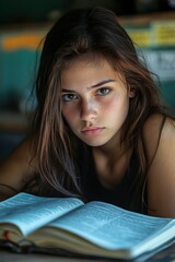 Young woman studying intently with a book in a quiet classroom during the afternoon