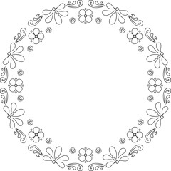 Black linear ornament and flower motifs round frame. Isolated frame border. Copy space blossomy lace