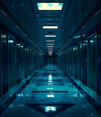 Obraz premium Empty Hallway With Blue Lighting And Doors