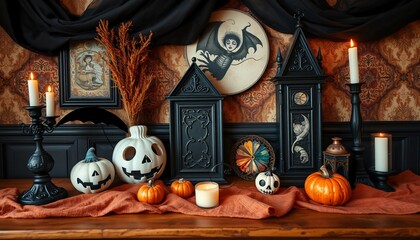 A spooky halloween still life with jack-o-lanterns, candles, and antique decor.