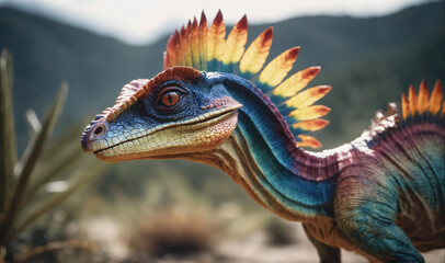 A colorful dinosaur with a feathery crest stands in a lush forest setting