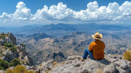 Person enjoying a panoramic view of mountains and valley on a sunny day