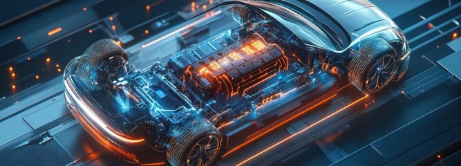 Transparent X-Ray View of an Electric Car's Undercarriage and Battery Pack