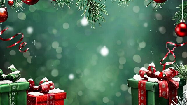 Christmas background with red presents and decorative tree. boxes tied with bows, Christmas decorations, balls, rustic star, holly berries, frosty spruce branches, confetti on green backdrop, perfect 
