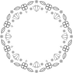 Black linear flower buttercups and bellflowers copy space. Floral embroidery frame isolated template