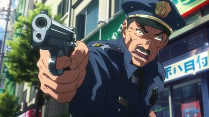 A determined anime police officer races through bustling city streets with a drawn weapon, focused on catching a suspect