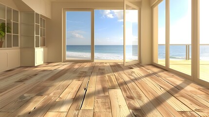 Fototapeta premium Beach View Interior Design Room with Wooden Floor