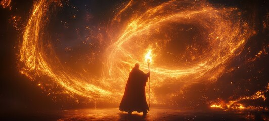 Wizard-like figure casting a spell with a staff