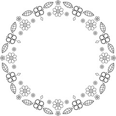 Black linear flower buttercups copy space. Floral embroidery frame isolated template