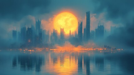 Naklejka premium Mysterious City Skyline at Sunrise with Fog - Generative AI