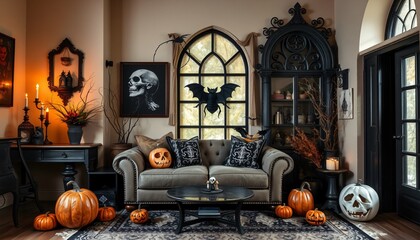 Obraz premium A Halloween-themed living room with a couch, pumpkins, and spooky decorations.