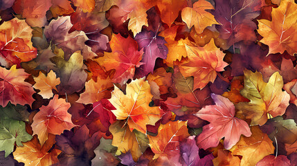 Watercolor clipart illustration of a background filled with maple leaves, autumn illustration