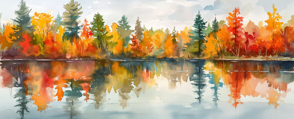 Watercolor clipart illustration of a lake in the forest in autumn season, autumn illustration, art pice, background wallpaper