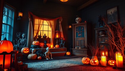 Obraz premium A cozy living room decorated for Halloween with pumpkins, skeletons, and candles.