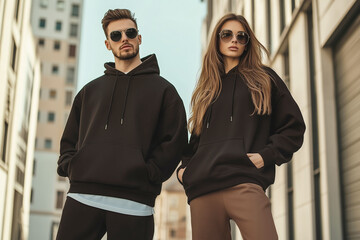 Man and woman wearing mock up black hoodies