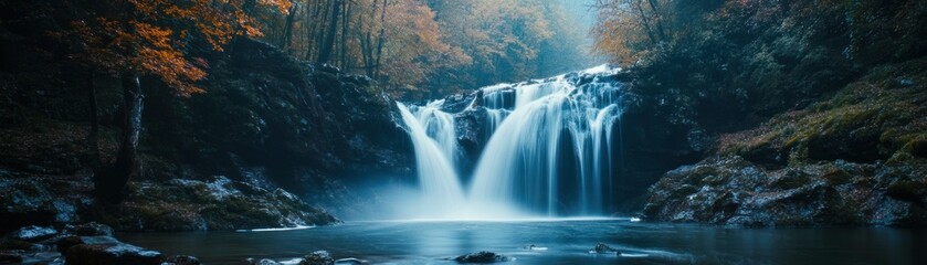 Fototapeta premium Tranquil Waterfall Cascading Through a Misty Forest