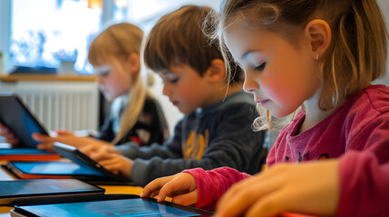 Young Children Engaged in Interactive Learning with Tablets in a Classroom Setting, Emphasizing Digital Education and Technology in Early Childhood