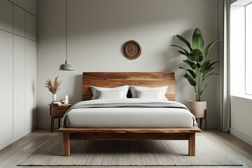 Stylish Bedroom Mockup Featuring Handcrafted Wooden Bed and Minimalist Decor in Bright Airy Space