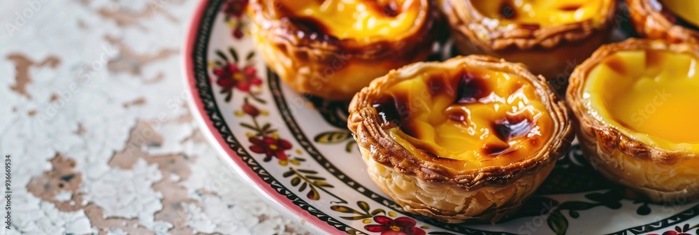 Canvas Prints Close-up of traditional egg tarts on a decorative plate on a table.