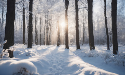 Fototapeta premium The sun shines through a snowy forest on a winter day