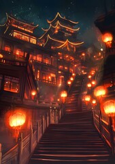 Chinese Architecture Illuminated by Red Lanterns at Night