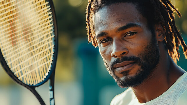 Focused African American man holding tennis racket, profile view