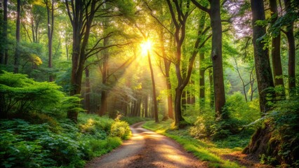 Obraz premium Serene forest scene featuring a winding dirt path disappearing into dense foliage, surrounded by towering trees with dappled sunlight filtering through the canopy above.