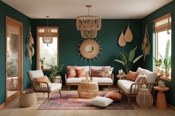 Trendy Boho Sanctuary 3D Design with Natural Elements and Creative Interior Decoration