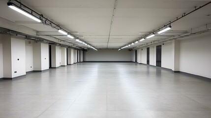 Obraz premium Empty Concrete Basement Corridor With Fluorescent Lights