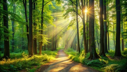 Obraz premium Serene forest scenery featuring a winding dirt path surrounded by tall trees, dappled sunlight, and lush green foliage, evoking a sense of peaceful exploration.