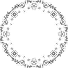 Black outline cute flower wreath border. Isolated copy space round frame