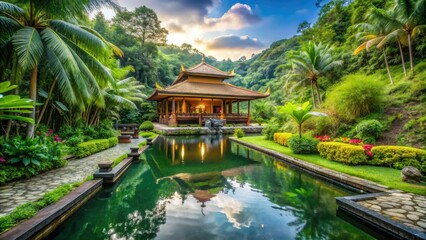 Obraz premium Serene Hindu ashram surrounded by lush greenery and tranquil water features, exuding a sense of spiritual calm and inner peace in a natural setting.