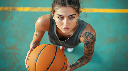 top view of basketball player girl with tattoos holding ball on sports ground