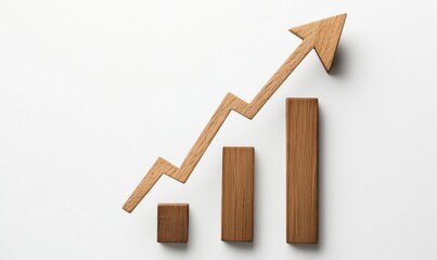 A wooden arrow pointing upwards with three wooden bars underneath it. The bars are stacked on top of each other, creating a sense of growth and progress. Concept of upward movement and advancement