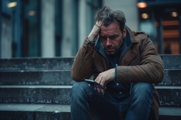 A man sat on the stairs outside an office building, looking at his smartphone screen with a negative emotive text message and holding his head in his hand feeling disheartened