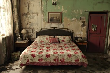 Vintage Floral Bedspread in Abandoned Room