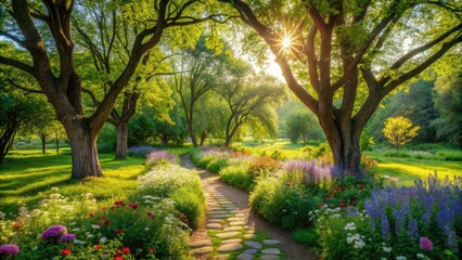 Serene landscape of a small grove with lush green trees, dappled sunlight, and a meandering stone path surrounded by vibrant wildflowers in bloom.
