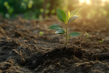 Fototapeta premium Young Green Plant Sprouting in Fertile Soil During Sunrise, Symbolizing Growth and Sustainability in Organic Farming and Eco-Friendly Practices
