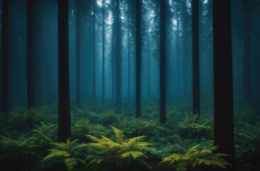 A misty forest scene with tall trees and ferns in the foreground