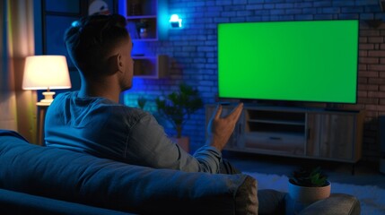 A man sits on a cozy couch at home, watching a TV with a green screen, lamp and plants in the background.