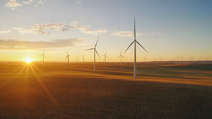 Scenic sunrise wind farm landscape with wind turbines in field generating renewable energy illustrating sustainable practices