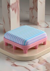 Pink and Blue Striped Ottoman on White Marble Surface