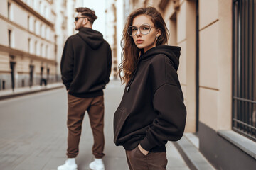 Man and woman wearing mock up black hoodies
