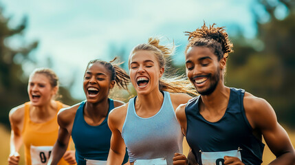 Group of runners enjoying victory